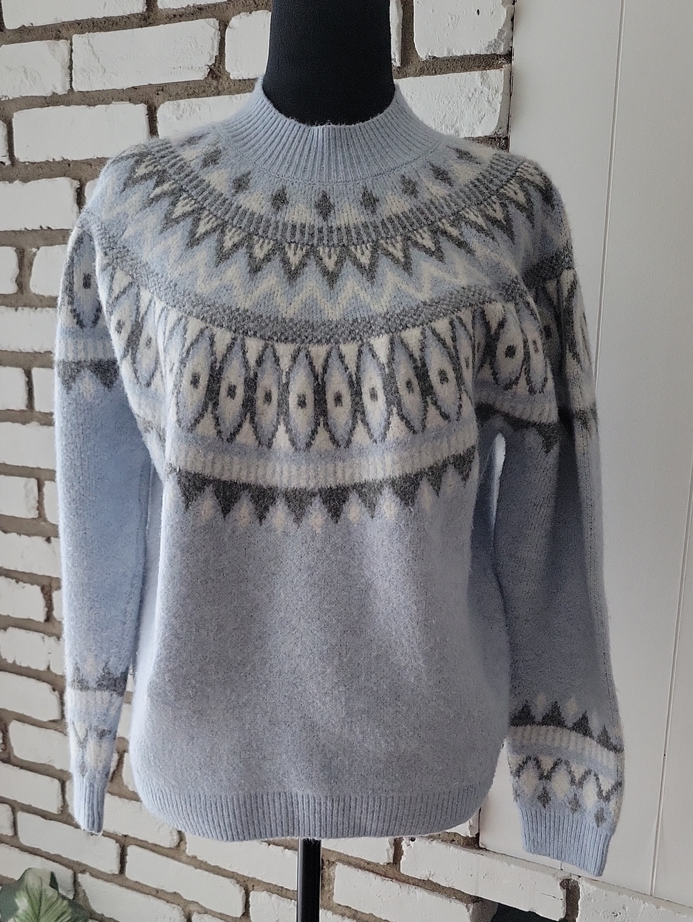 Alfred Dunner Light Blue Knit Sweater with Fair Isle Detail